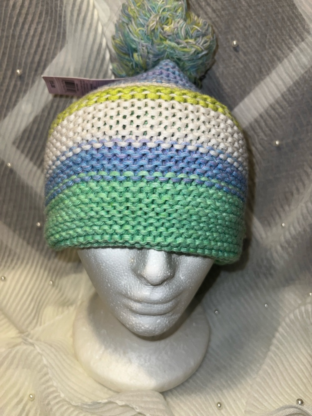 Kids Striped Knit Pom Beanie - Green, Blue & White